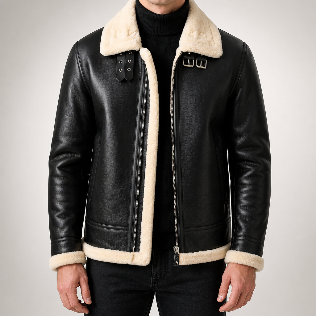 Marius | Mens Leather Shearling Biker Aviator Flight Lined Jacket, Black