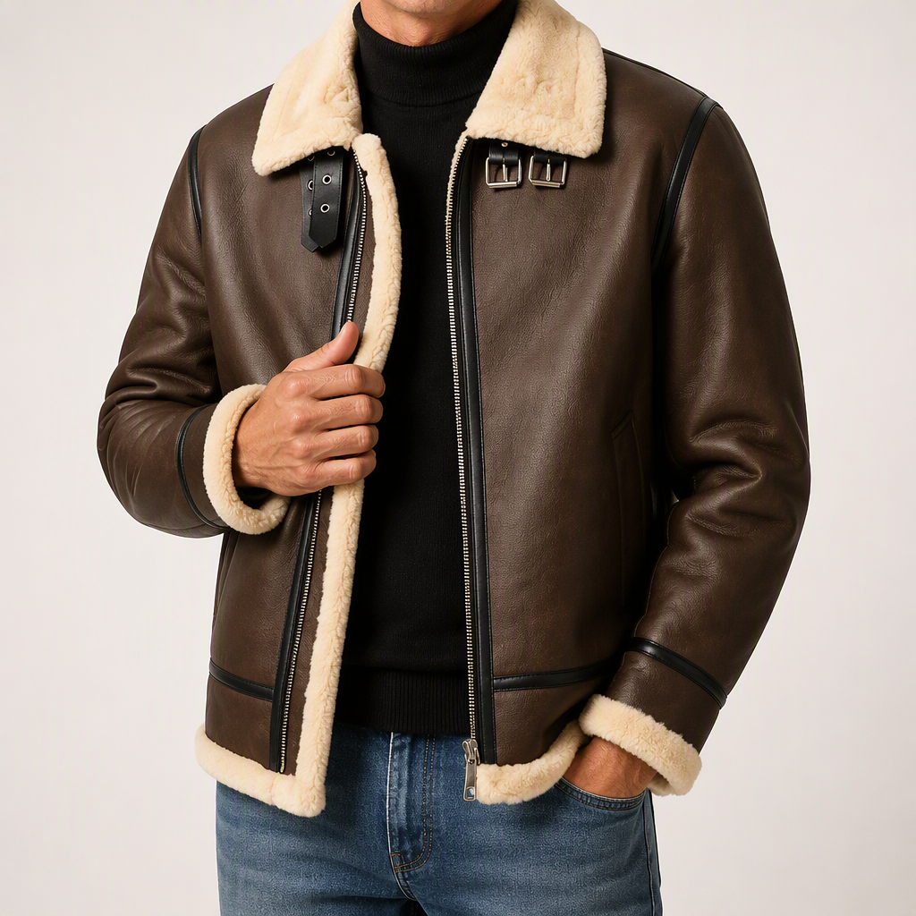 Marius | Mens Leather Shearling Biker Aviator Flight Lined Jacket, Brown
