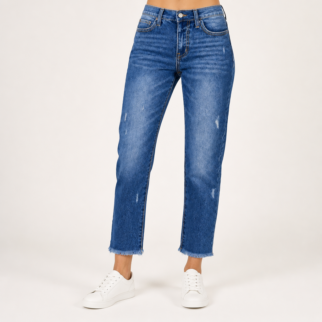 Marlow | Womens Straight Leg Frayed Hem Cropped Denim Stretch Jeans, Dark Blue