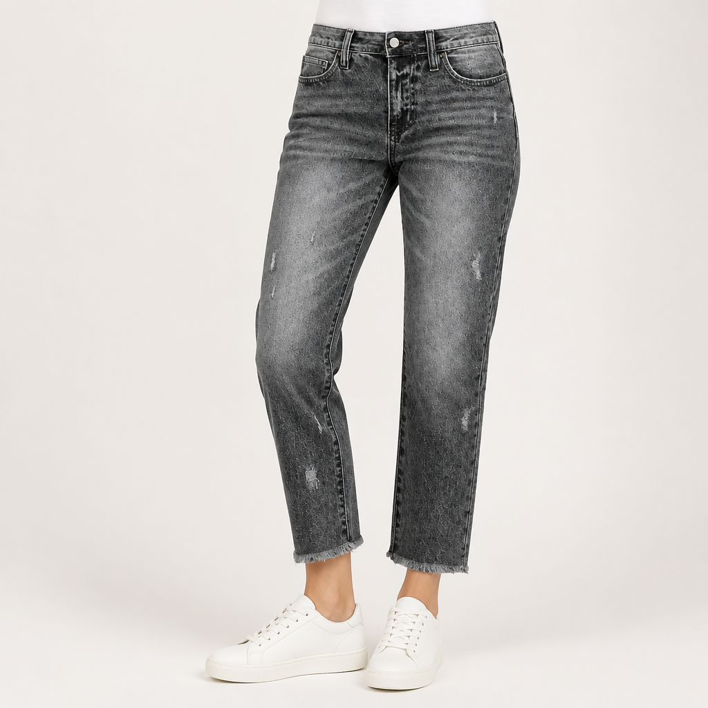 Marlow | Womens Straight Leg Frayed Hem Cropped Denim Stretch Jeans, Grey