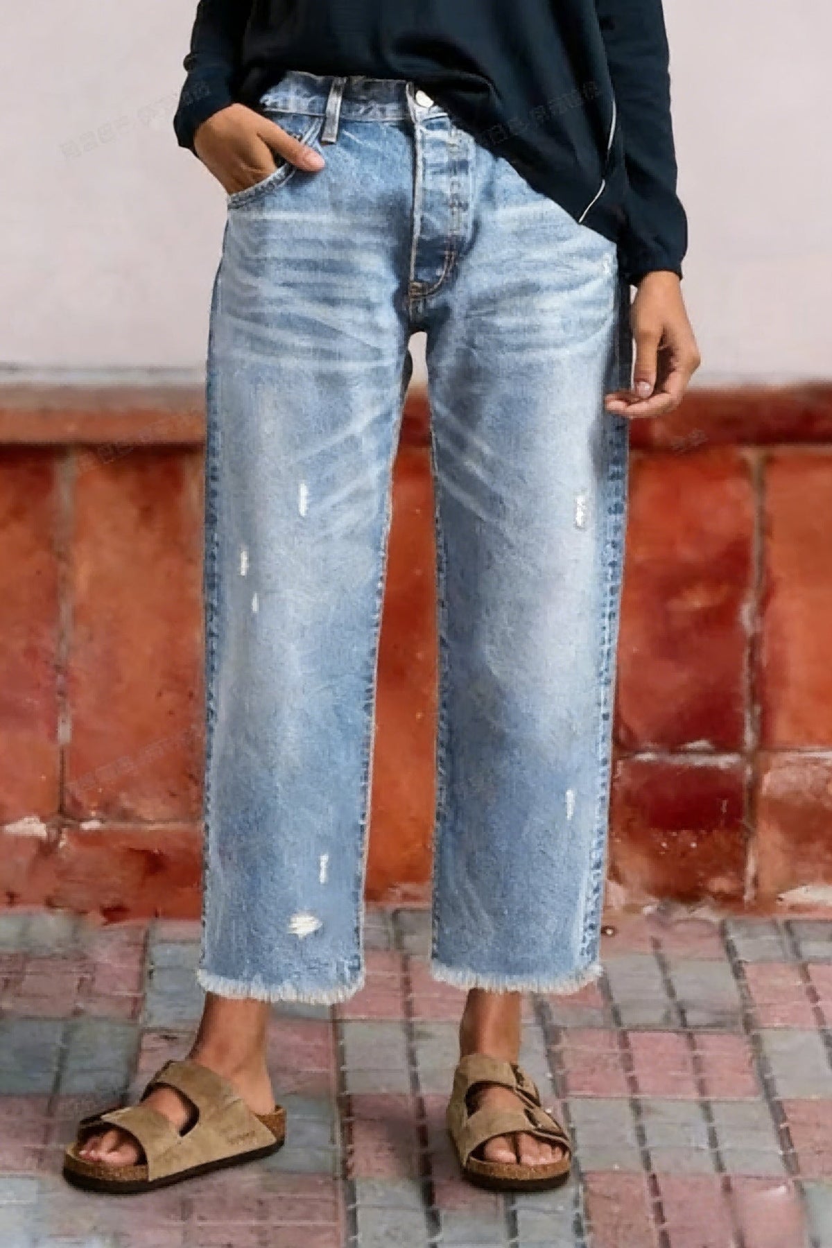 Marlow | Womens Straight Leg Frayed Hem Cropped Denim Stretch Jeans - Light Blue