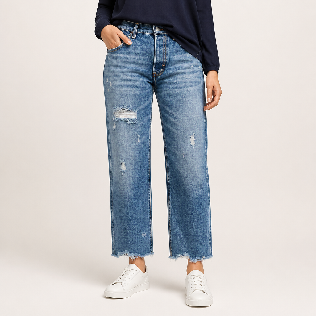 Marlow | Womens Straight Leg Frayed Hem Cropped Denim Stretch Jeans, Mid Blue