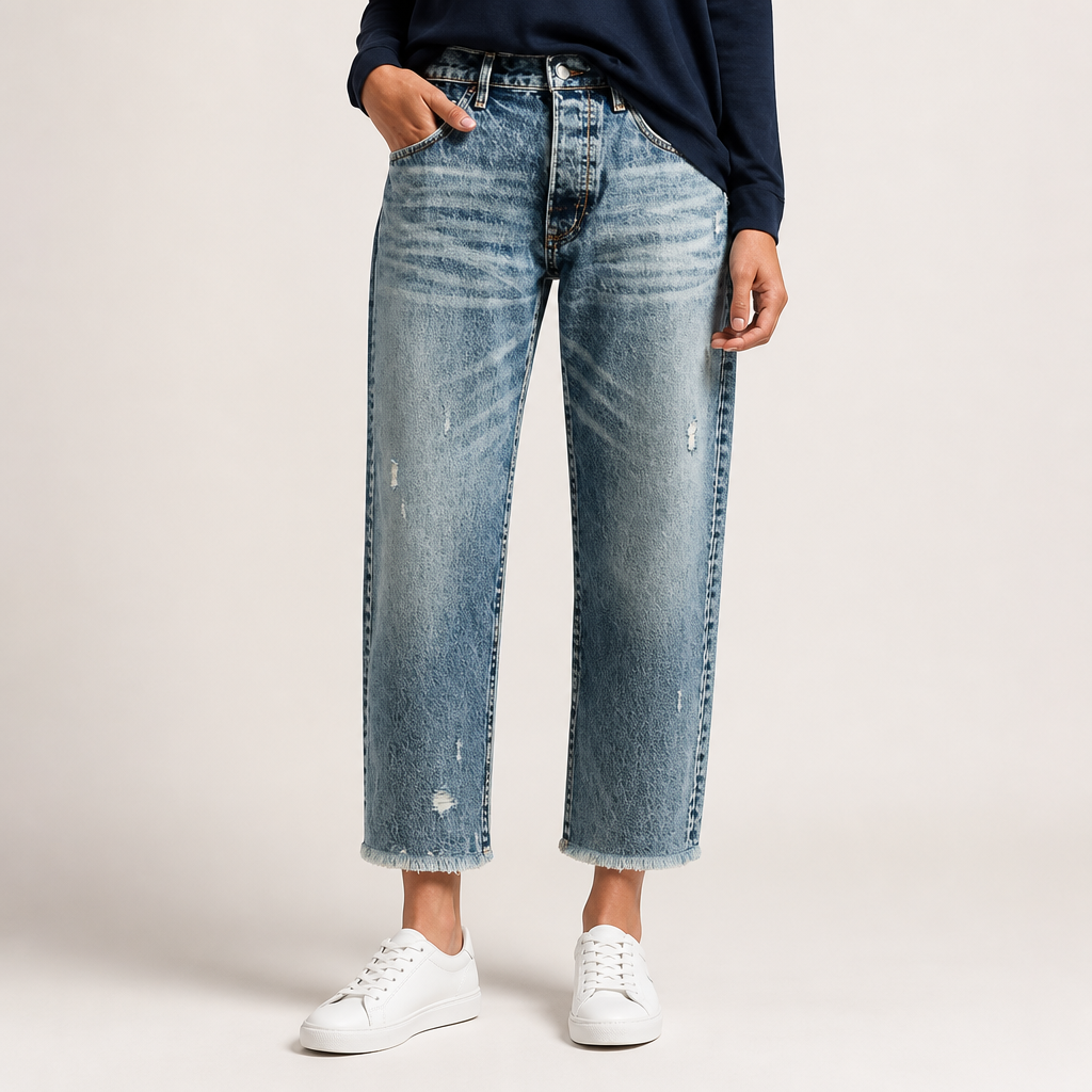 Marlow | Womens Straight Leg Frayed Hem Cropped Denim Stretch Jeans, Retro Blue