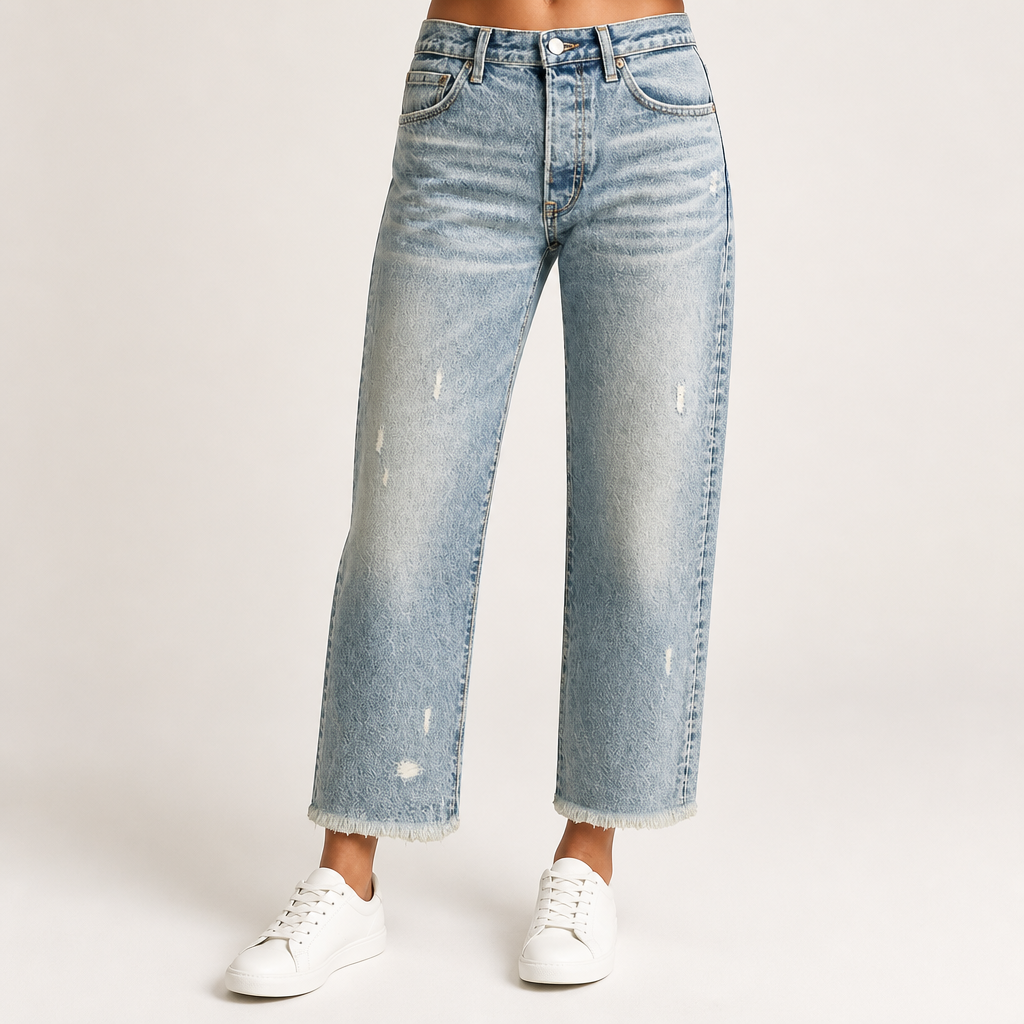 Marlow | Womens Straight Leg Frayed Hem Cropped Denim Stretch Jeans, Vintage Blue