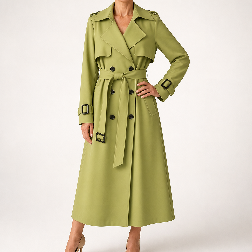 Marnie | Womens Mid Length Lapel Trench Black Long Green Coat, Avocado