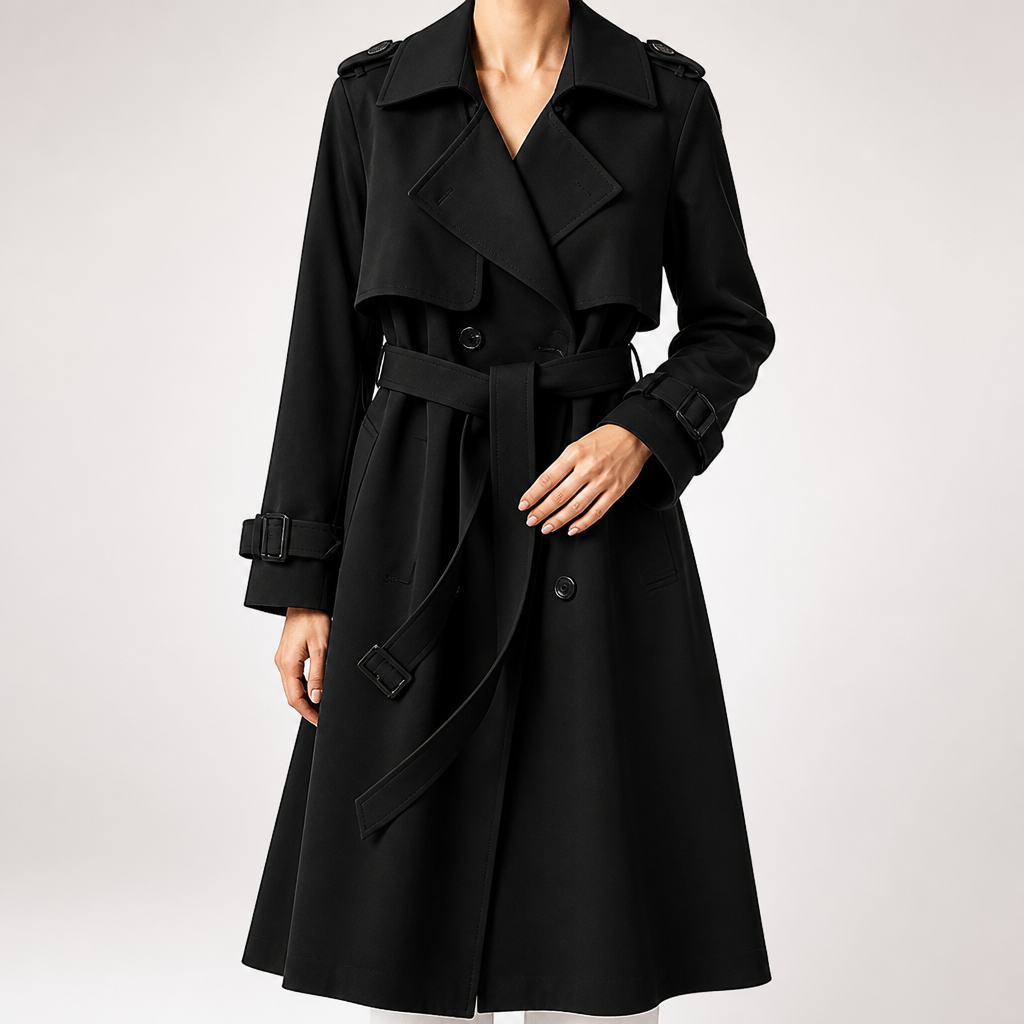 Marnie | Womens Mid Length Lapel Trench Black Long Green Coat, Black
