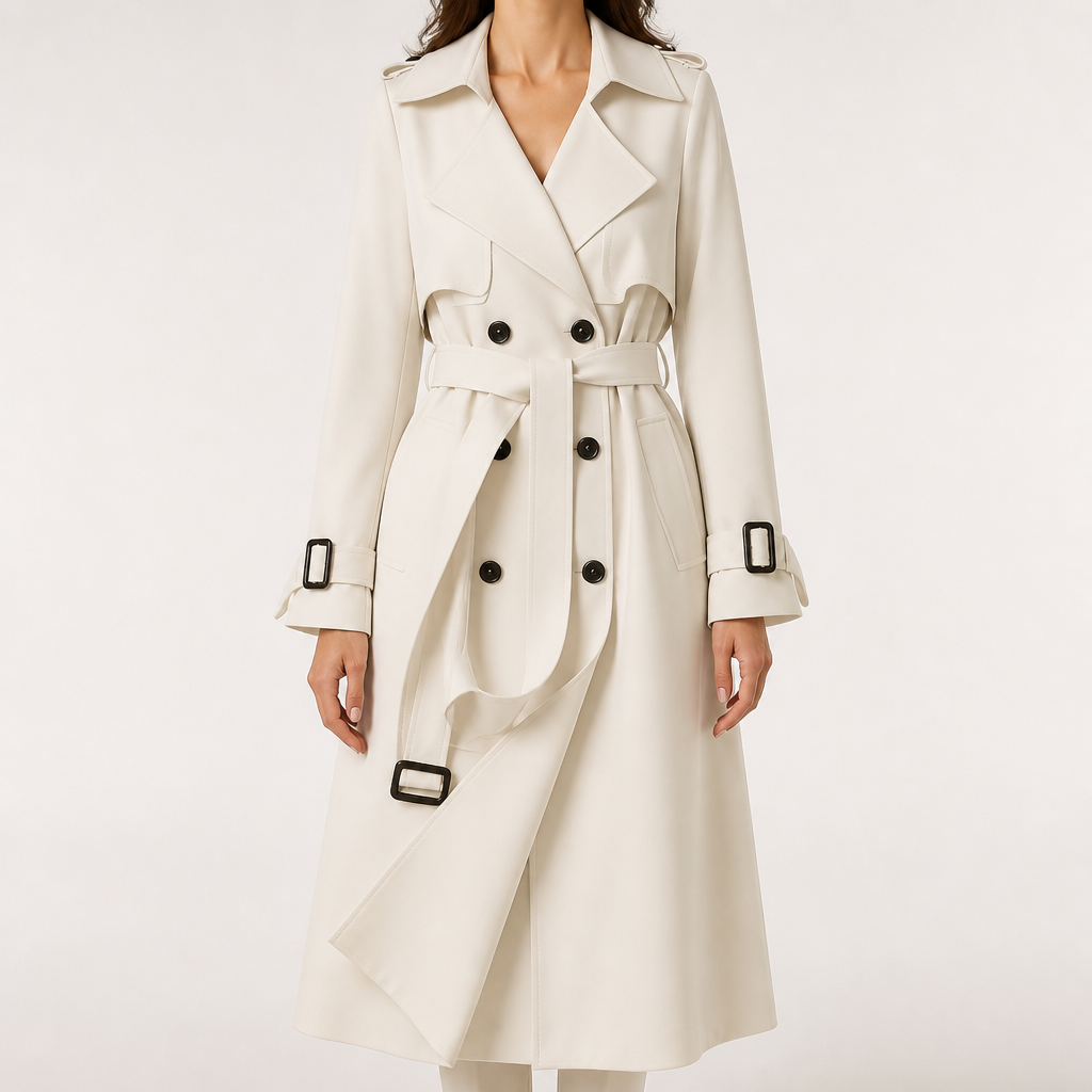 Marnie | Womens Mid Length Lapel Trench Black Long Green Coat, Cream White