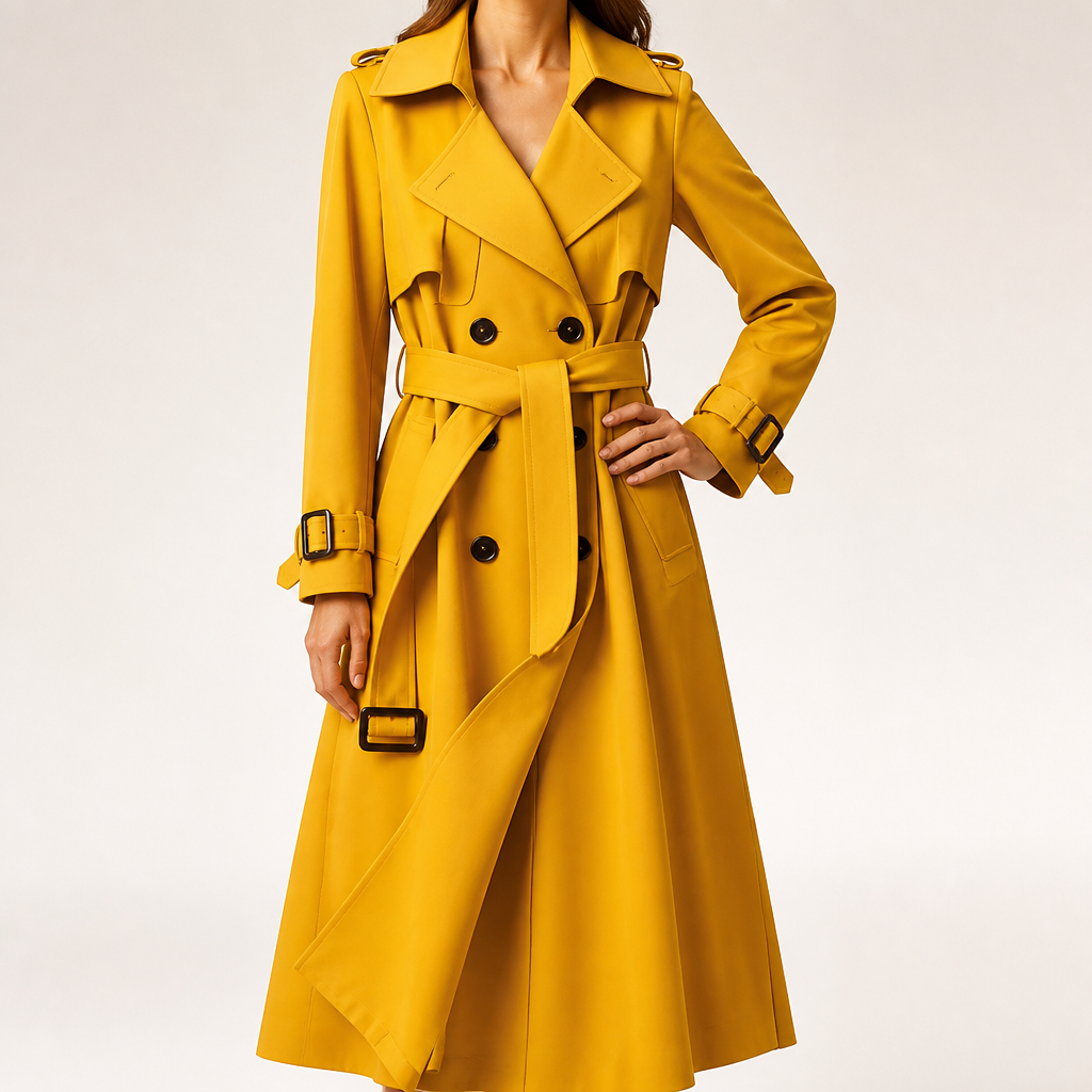 Marnie | Womens Mid Length Lapel Trench Black Long Green Coat, Golden Yellow
