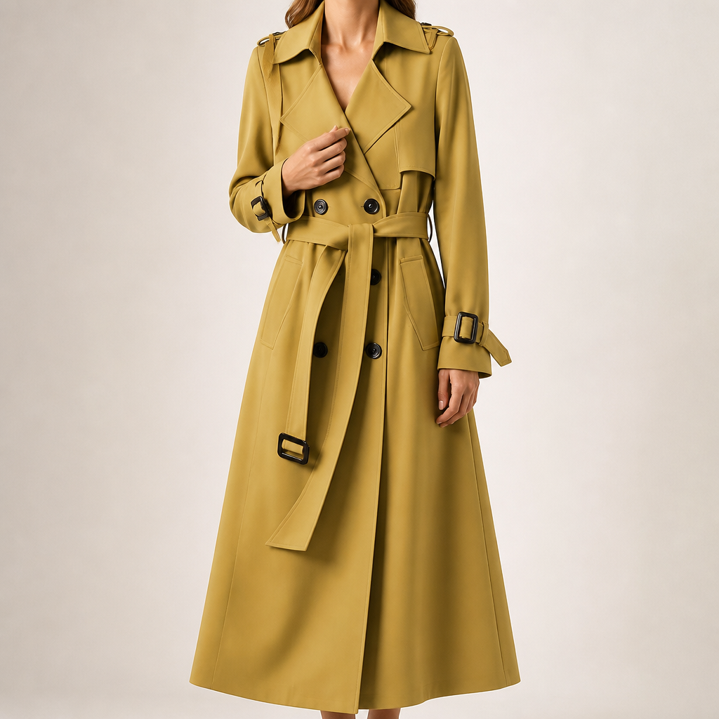 Marnie | Womens Mid Length Lapel Trench Black Long Green Coat, Lemon Yellow