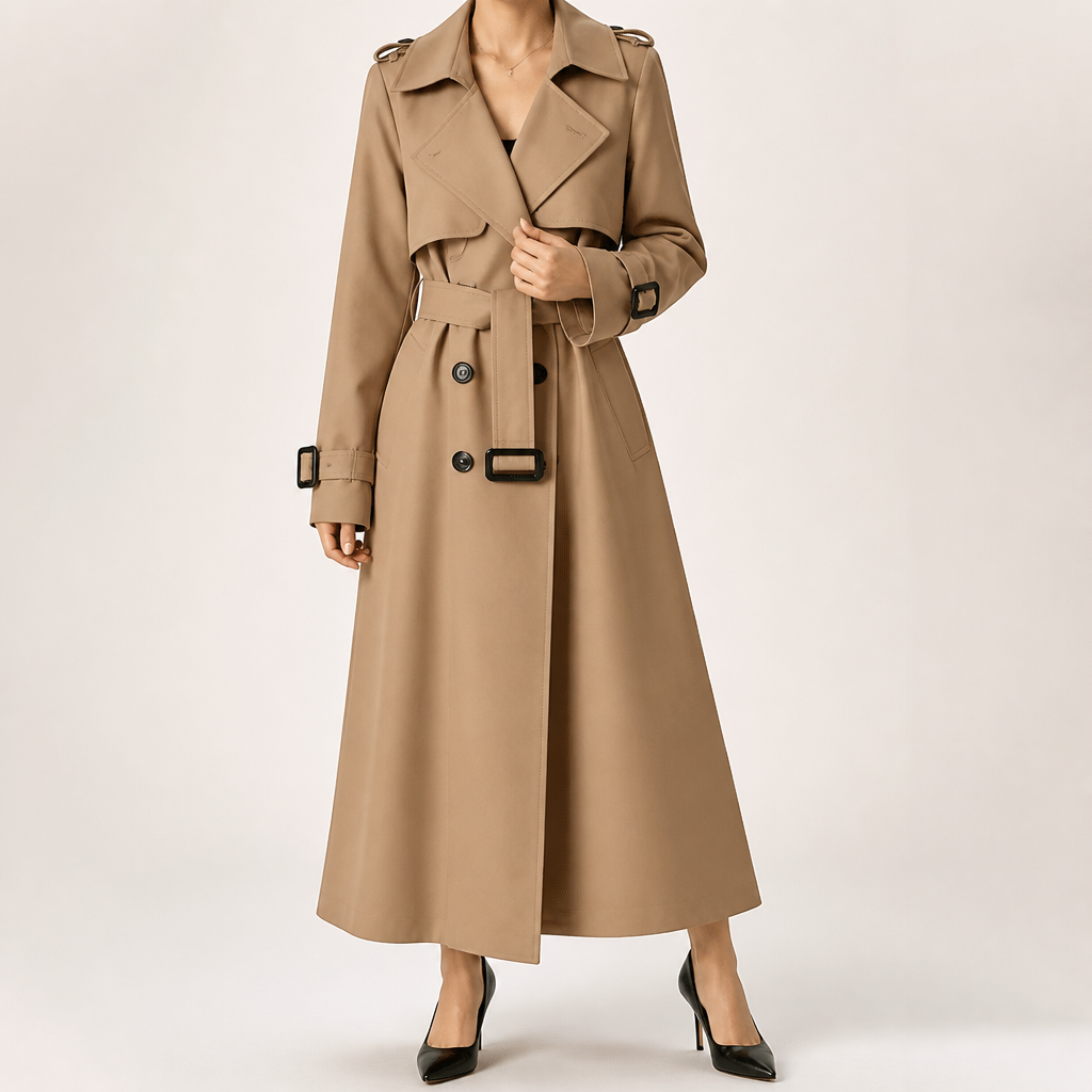 Marnie | Womens Mid Length Lapel Trench Black Long Green Coat, Mocha