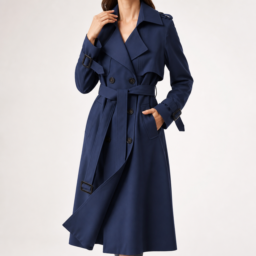 Marnie | Womens Mid Length Lapel Trench Black Long Green Coat, Navy Blue