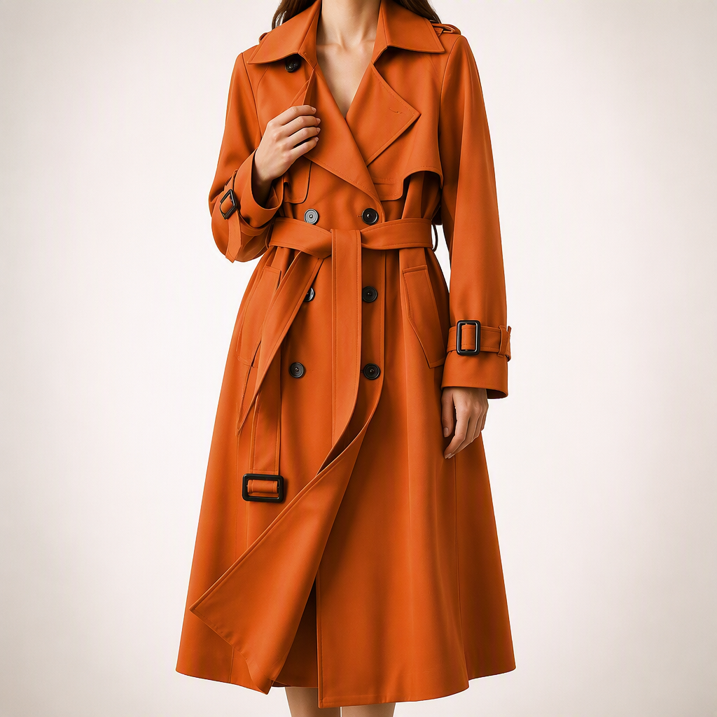 Marnie | Womens Mid Length Lapel Trench Black Long Green Coat, Orange