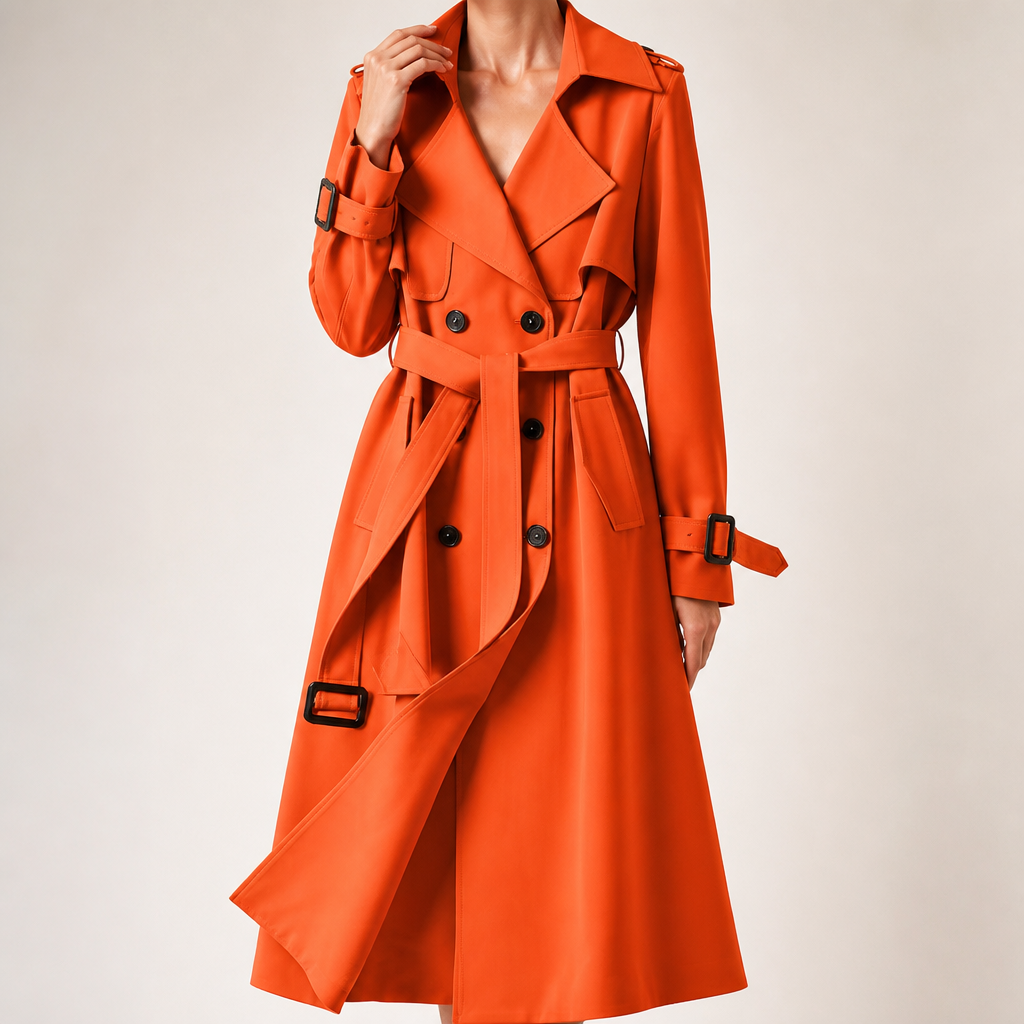Marnie | Womens Mid Length Lapel Trench Black Long Green Coat, Orange Red