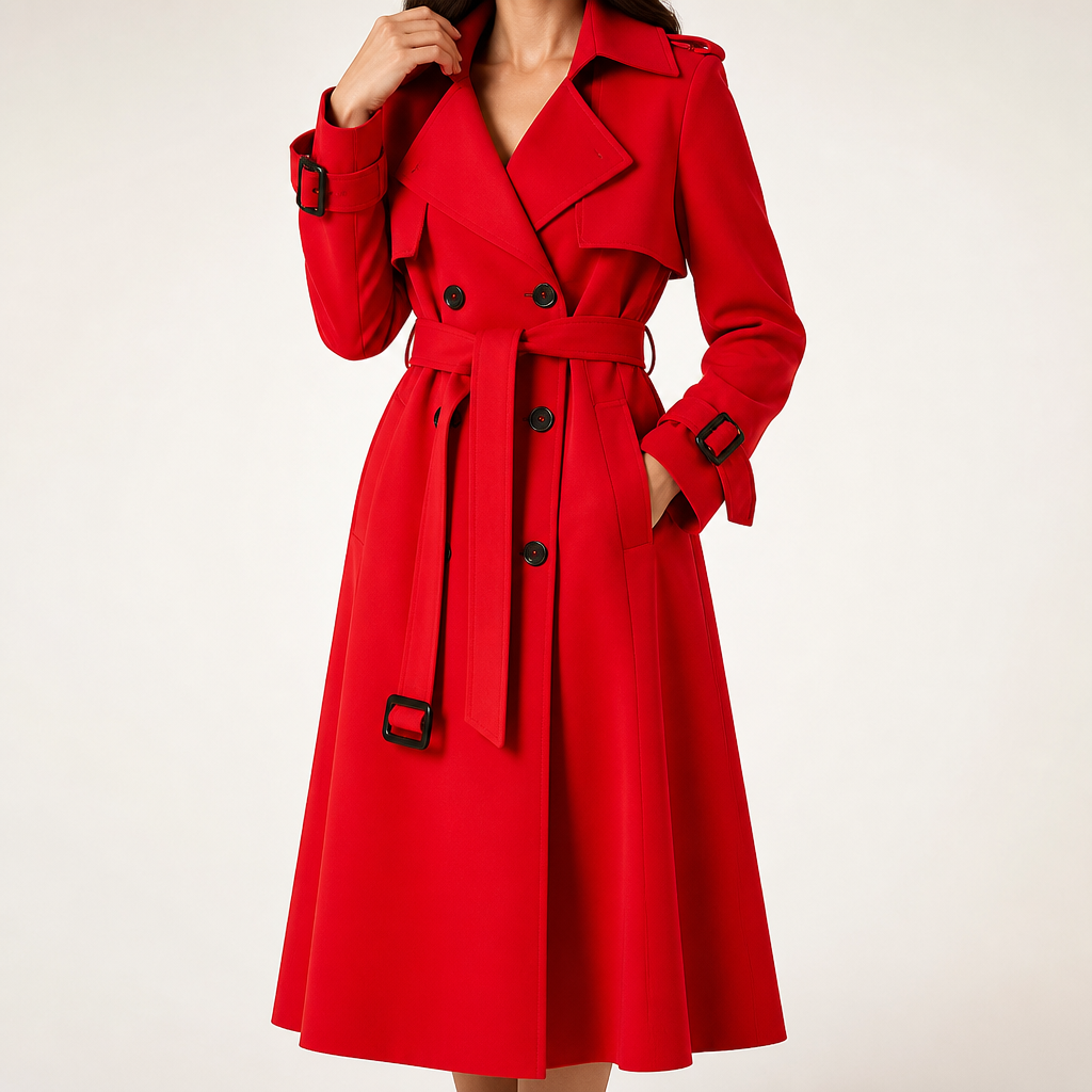 Marnie | Womens Mid Length Lapel Trench Black Long Green Coat, Red