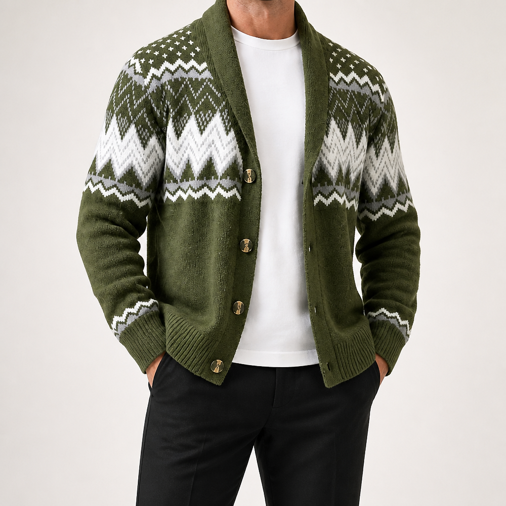 Merrick | Mens Solid Colour Knit Knitted Jumper Cardigan, Green 2