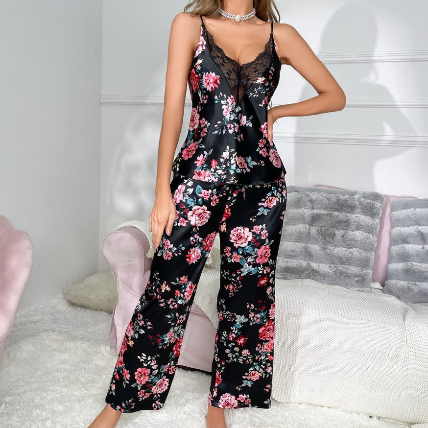 Mila | Womens Floral Satin Cami Trousers Pyjamas - 2