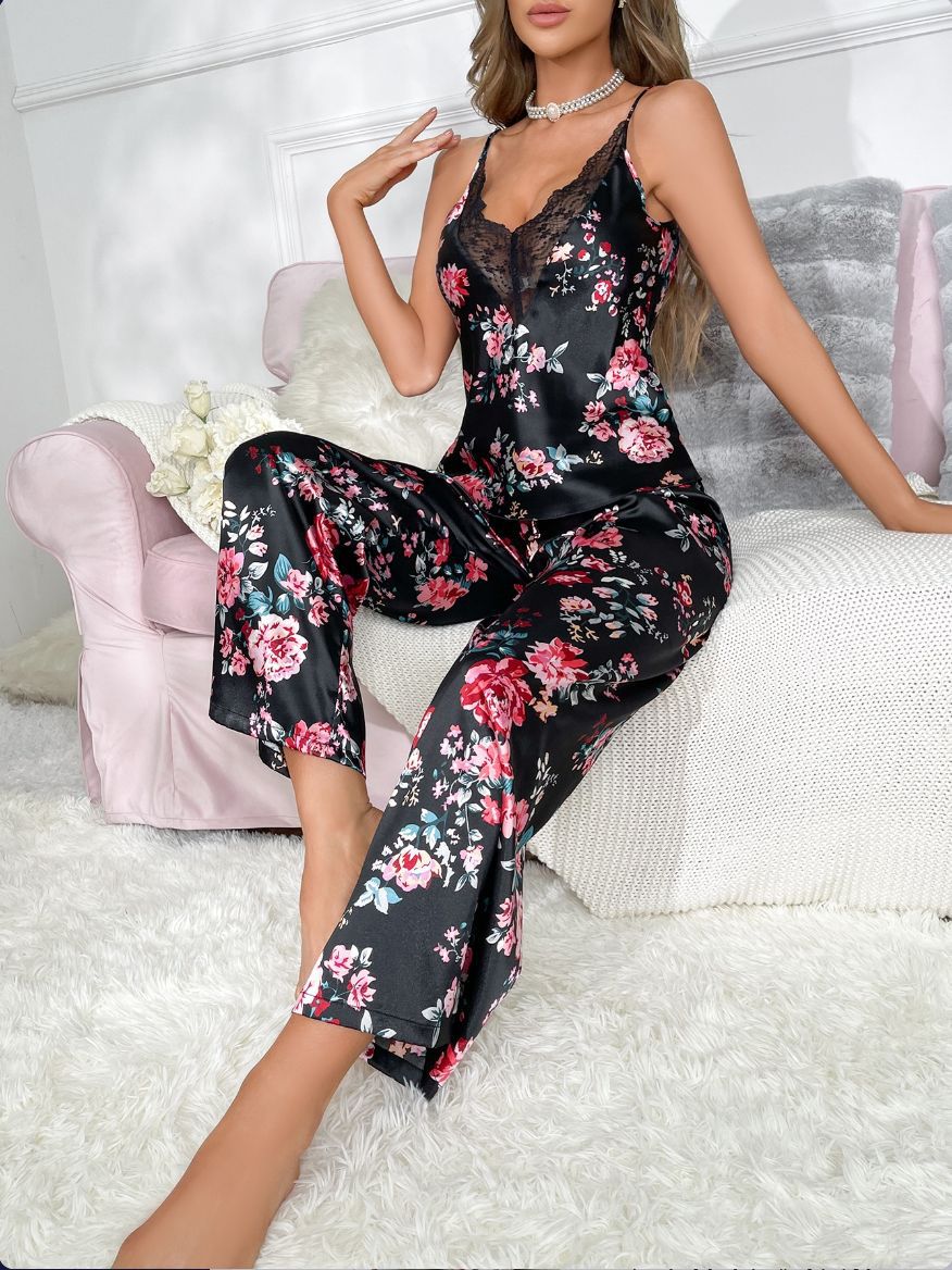 Mila | Womens Floral Satin Cami Trousers Pyjamas - 5
