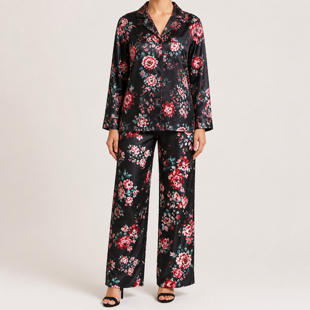 Mila | Womens Satin Pyjamas Floral Cami Trousers Loungewear Set, Black