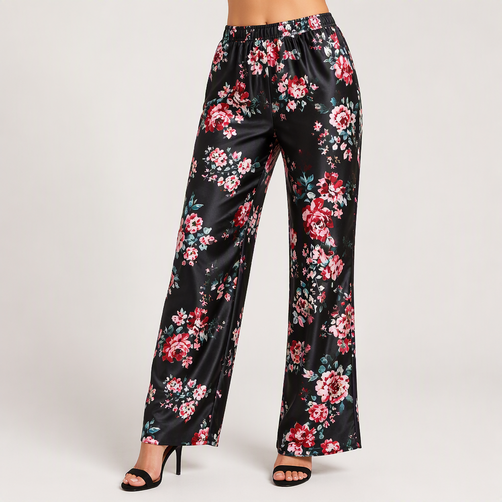 Mila | Womens Satin Pyjamas Floral Cami Trousers Loungewear Set, Black