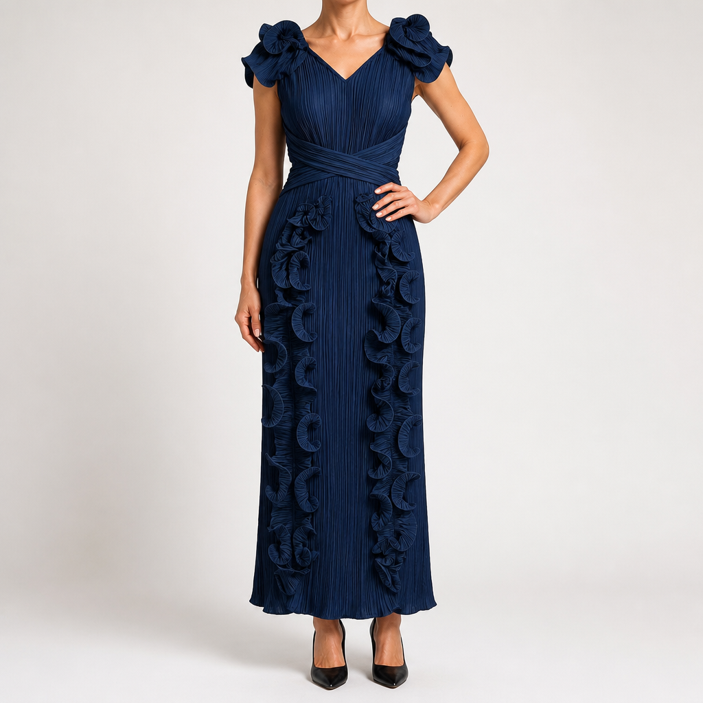 Mireille | Womens Wedding Guest Dress Pleated Ruffle Evening Maxi Dress, Dark Blue