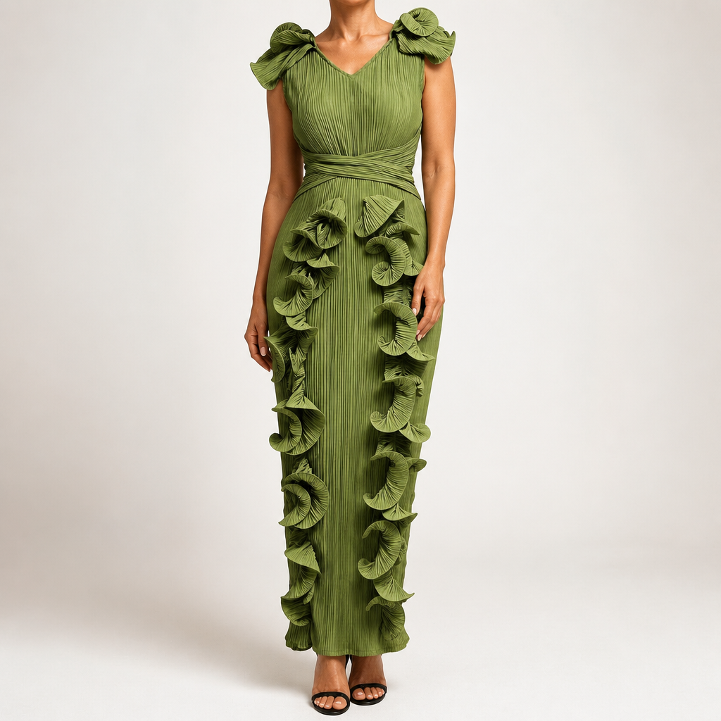 Mireille | Womens Wedding Guest Dress Pleated Ruffle Evening Maxi Dress, Green
