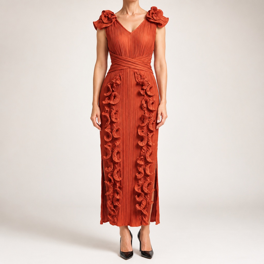 Mireille | Womens Wedding Guest Dress Pleated Ruffle Evening Maxi Dress, Orange Red