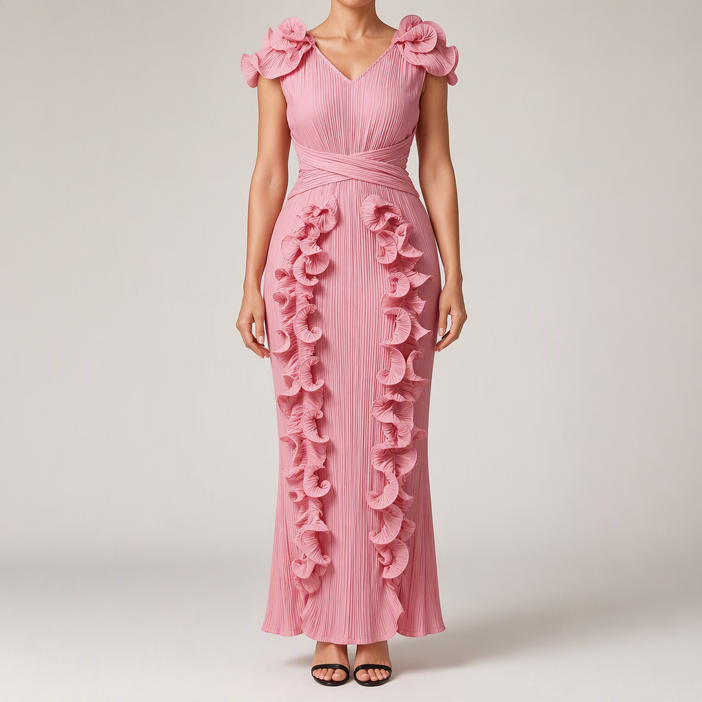 Mireille | Womens Wedding Guest Dress Pleated Ruffle Evening Maxi Dress, Pink