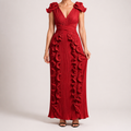 Mireille | Womens Wedding Guest Dress Pleated Ruffle Evening Maxi Dress, Red