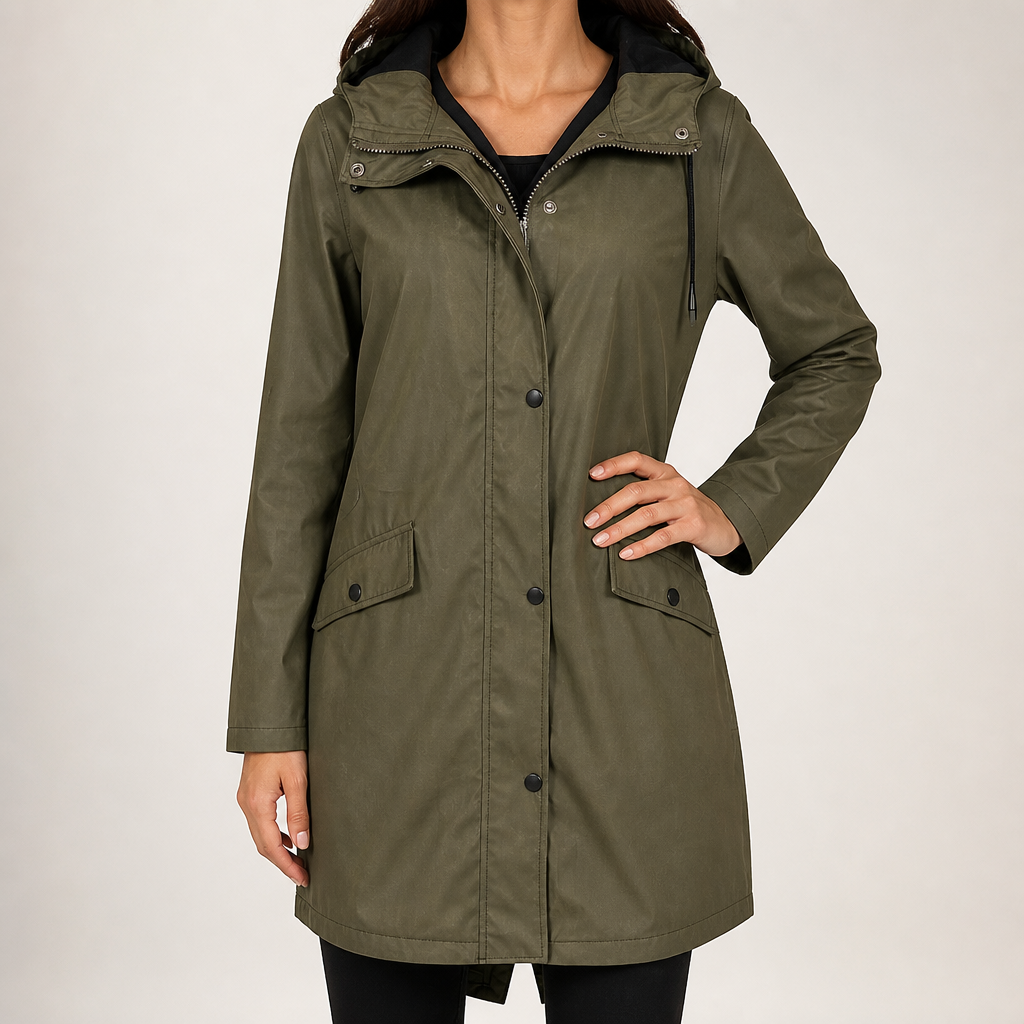 Mirren | Womens Waterproof Hooded Longline Rain Winter Windbreaker Autumn Jacket, Army Green