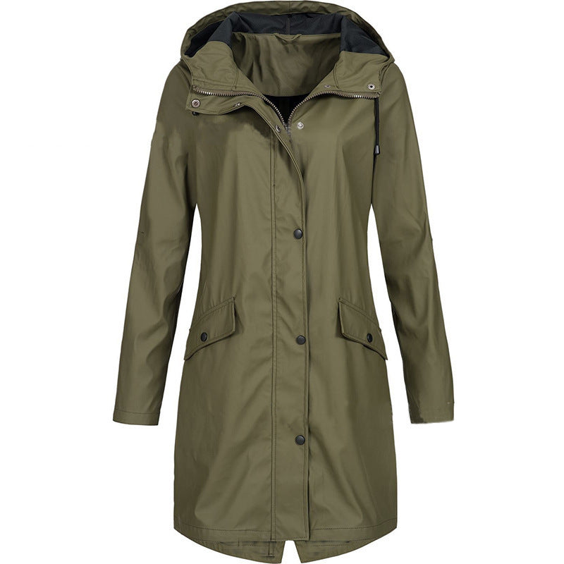 Mirren | Womens Waterproof Hooded Longline Rain Jacket, Army Green