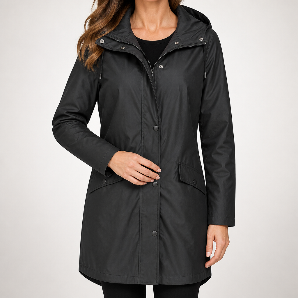 Mirren | Womens Waterproof Hooded Longline Rain Winter Windbreaker Autumn Jacket, Black