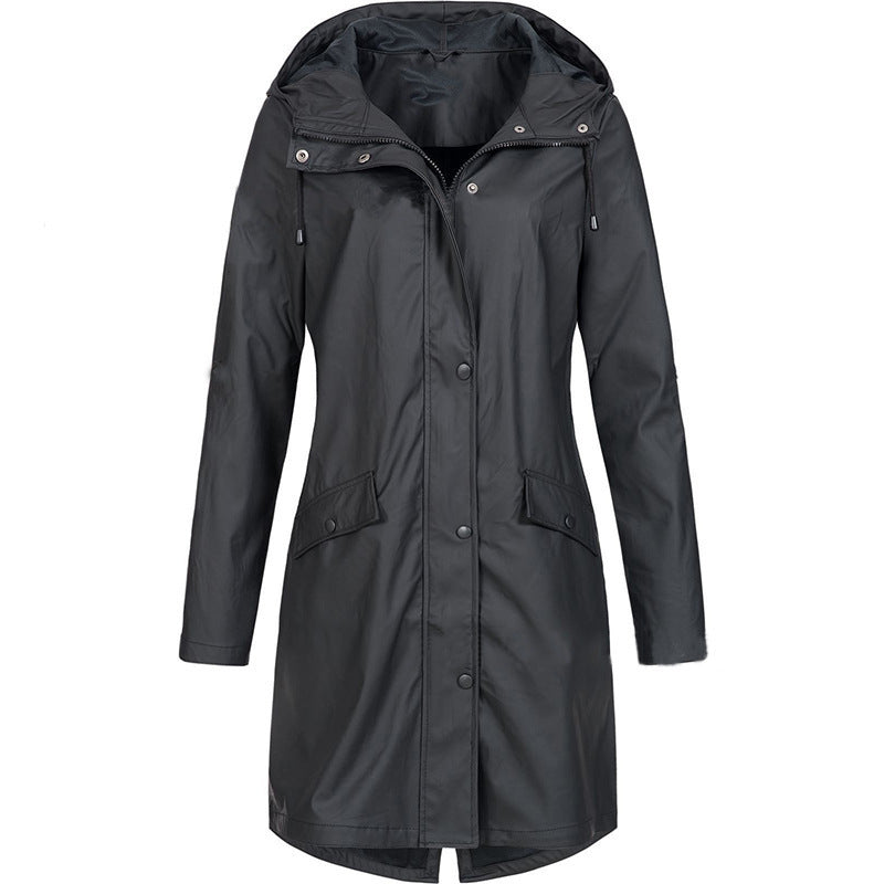 Mirren | Womens Waterproof Hooded Longline Rain Jacket, Black