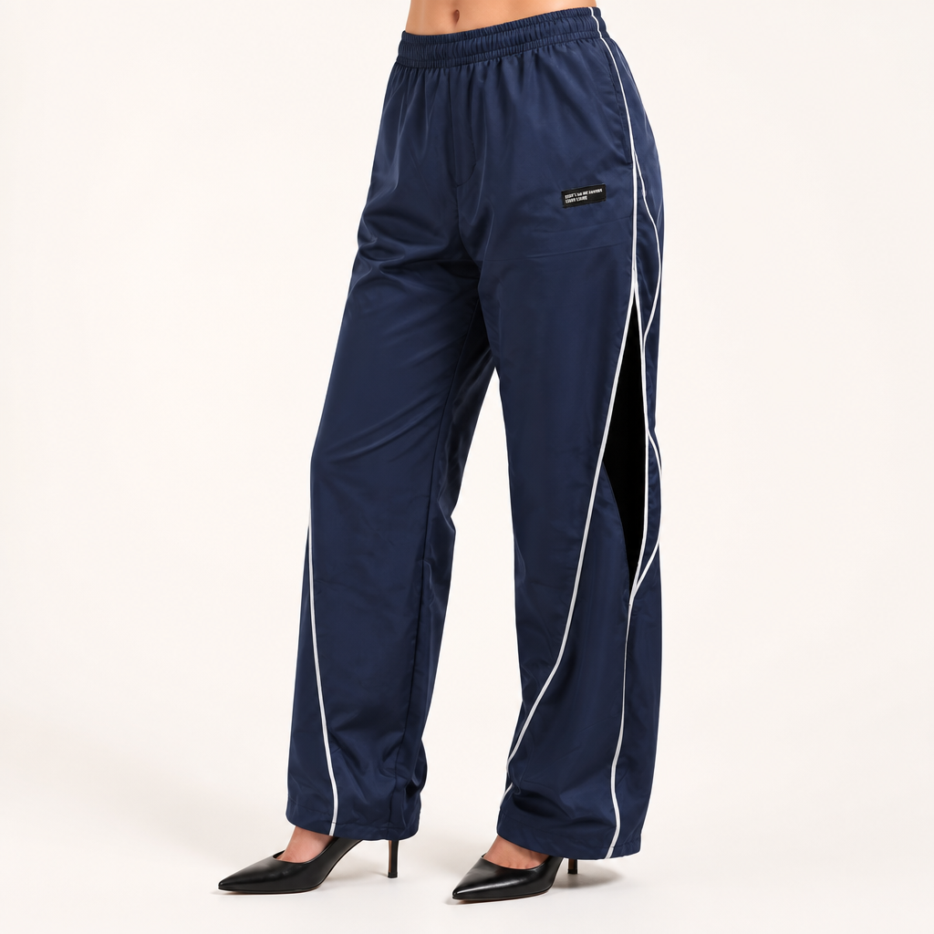 Nadia | Womens Wide Leg Straight Casual Elastic Waist Trousers, Navy