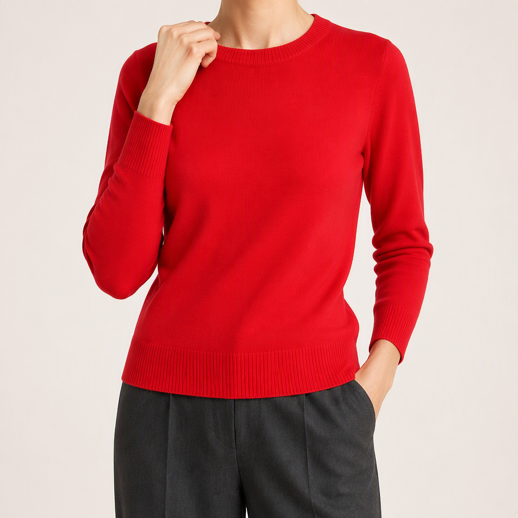 Nadia | Womens Round Neck Long Sleeve Knitted Jumper, Bright Red