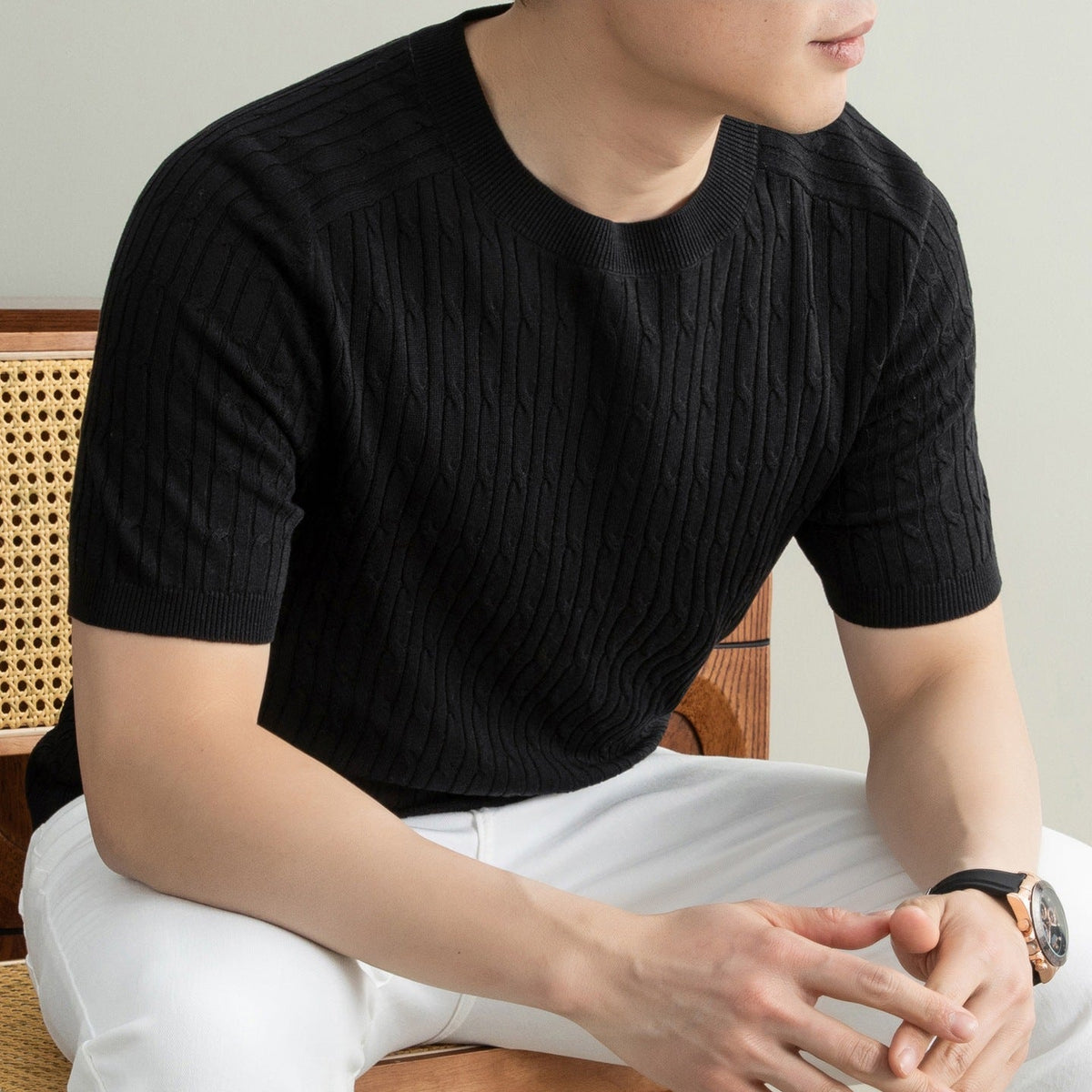 Nathaniel | Mens Tencel Linen Knitted Short Sleeve Polo Shirt - Black