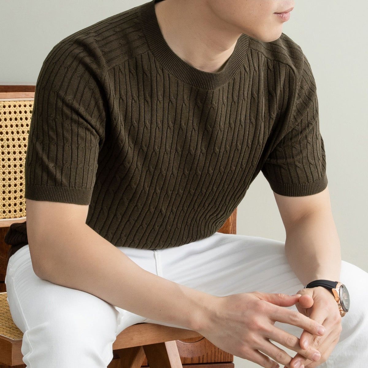 Nathaniel | Mens Tencel Linen Knitted Short Sleeve Polo Shirt - Brown