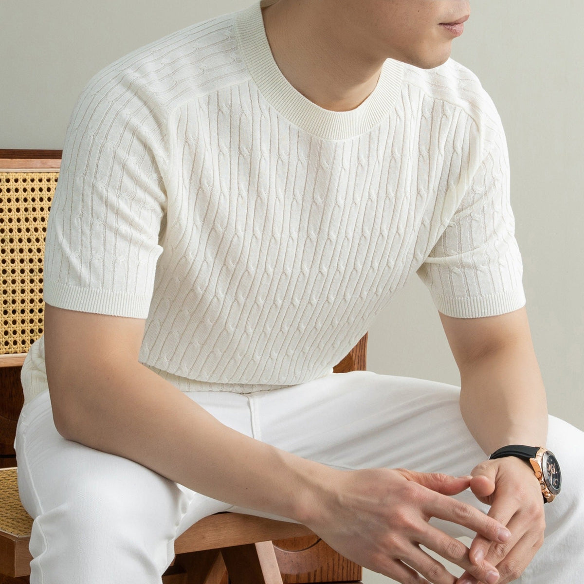 Nathaniel | Mens Tencel Linen Knitted Short Sleeve Polo Shirt - Off White