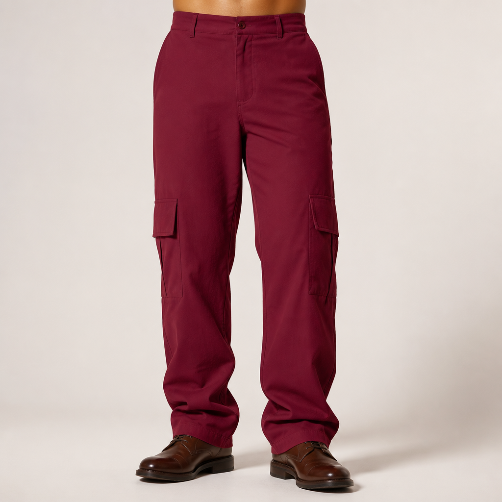Nero | Mens Cargo Trousers Work Multi Pocket Straight Leg Trousers, Burgundy