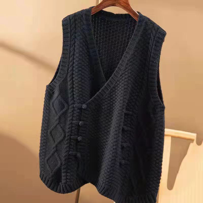 Neve | Womens V Neck Button Knit Sweater Vest - Black