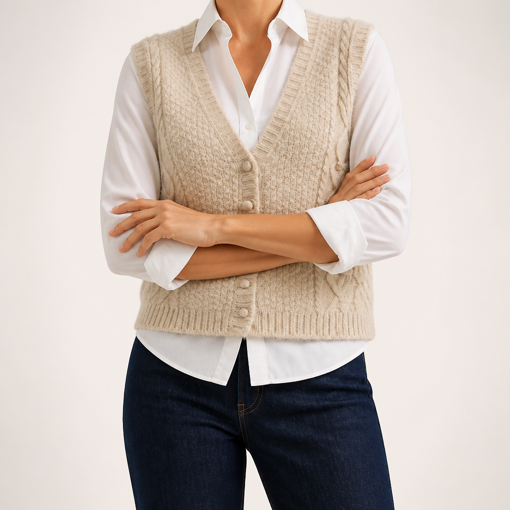 Neve | Womens Knitted Jumper V Neck Button Vest Sweater, Khaki
