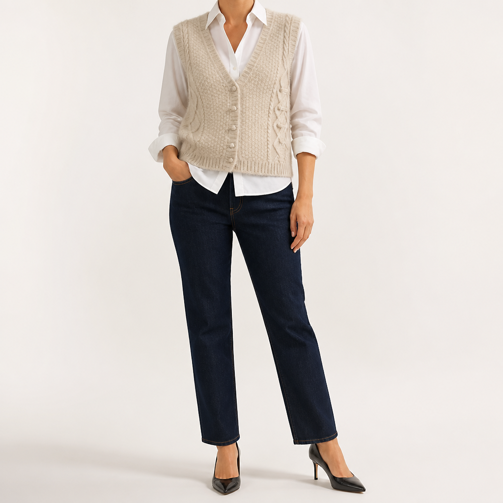 Neve | Womens Knitted Jumper V Neck Button Vest Sweater, Khaki