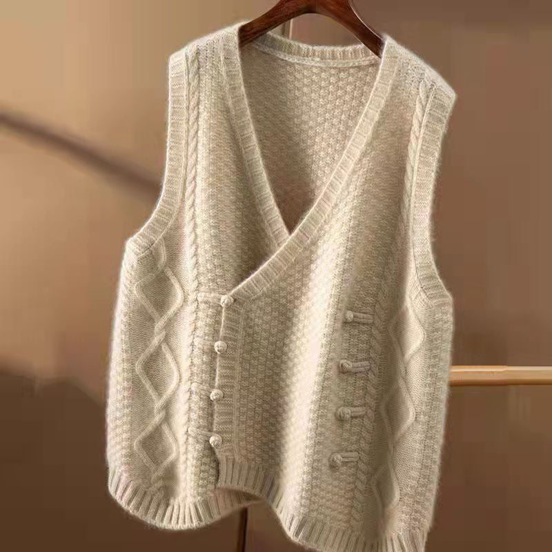 Neve | Womens V Neck Button Knit Sweater Vest - Khaki
