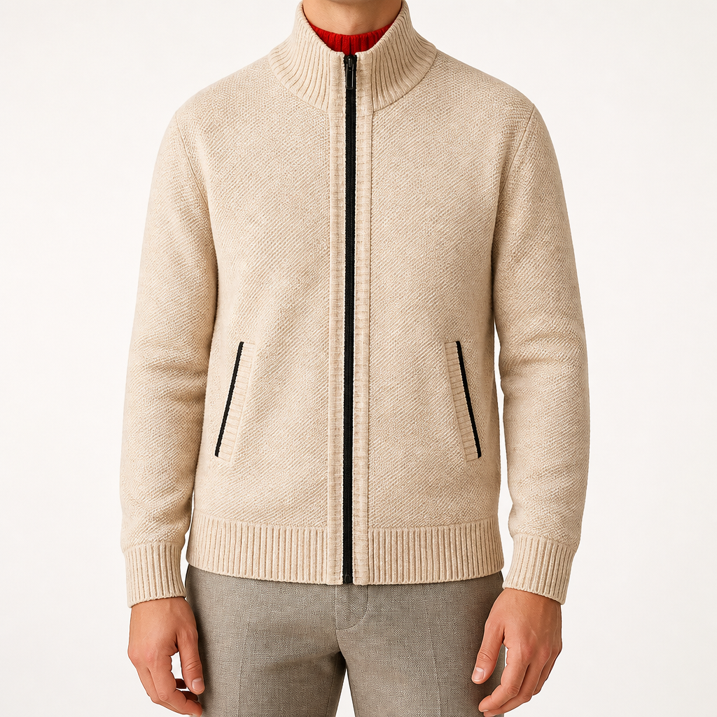 Nolan | Mens Zip Up Knitted Cardigan Jumper Sweater Cardigan, Beige