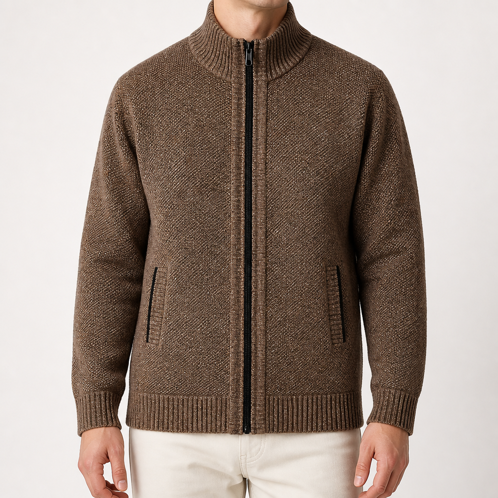 Nolan | Mens Zip Up Knitted Cardigan Jumper Sweater Cardigan, Brown