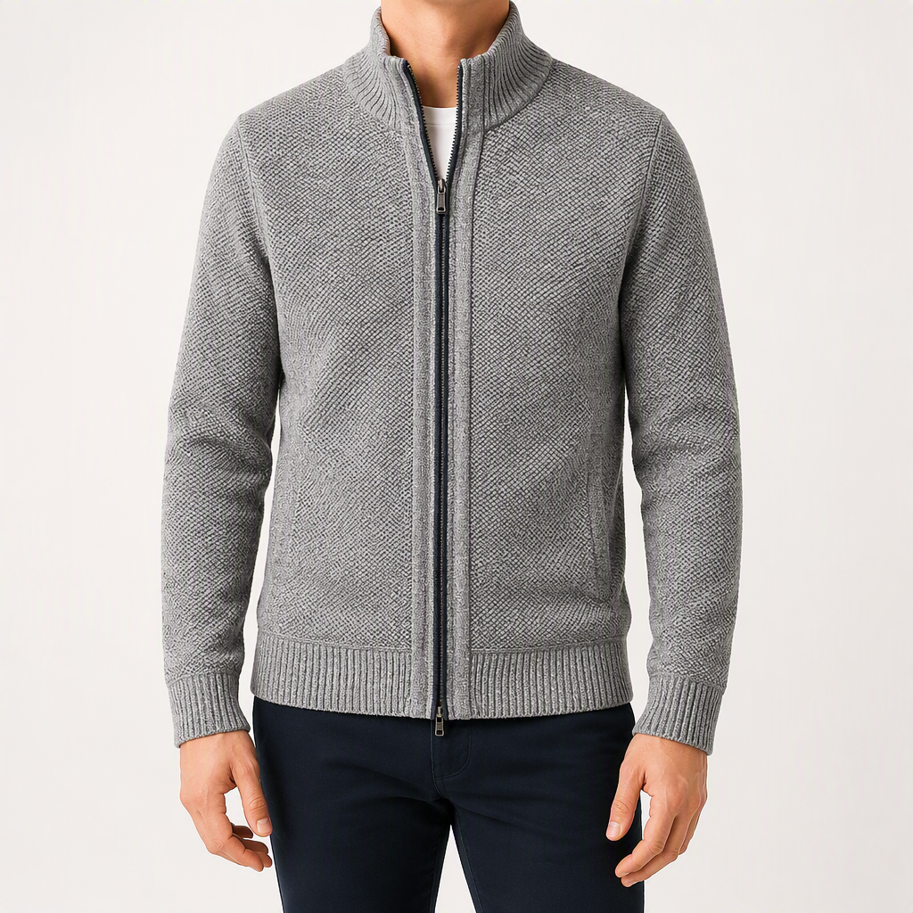 Nolan | Mens Zip Up Knitted Cardigan Jumper Sweater Cardigan, Light Grey