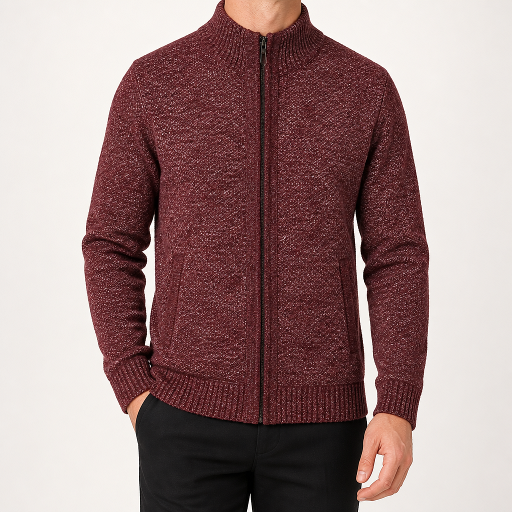 Nolan | Mens Zip Up Knitted Cardigan Jumper Sweater Cardigan, Wine Red