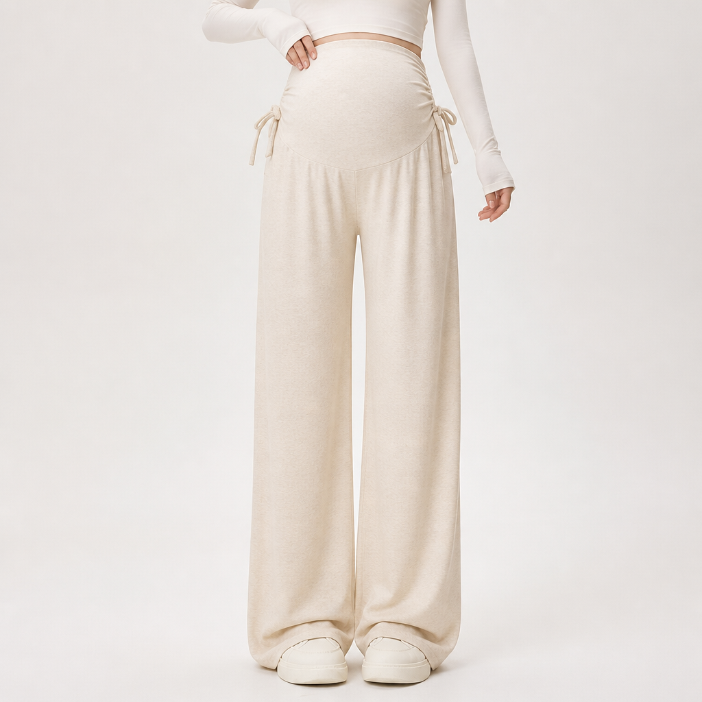 Noor | Womens Maternity Wide Leg Trousers High Waist Belly Support, Apricot