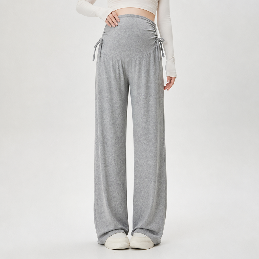 Noor | Womens Maternity Wide Leg Trousers High Waist Belly Support, Light Grey