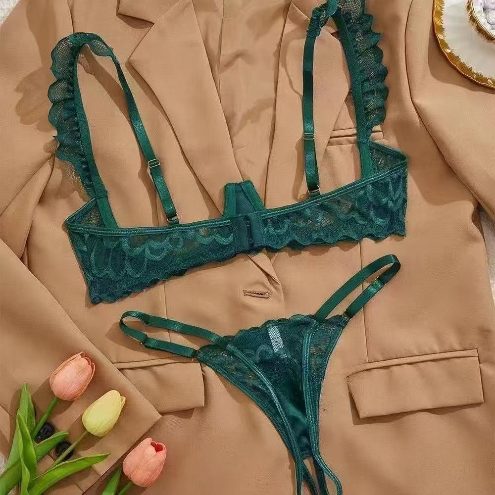 Noor | Womens Plus Size Lace Lingerie Bra Thong Set - Olive Green