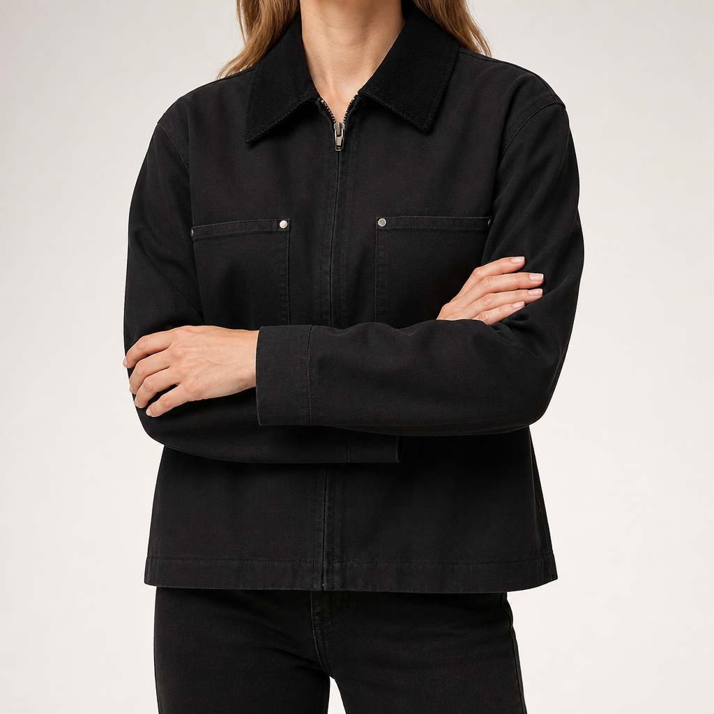 Nora | Womens Cropped Corduroy Collar Zip Work Jacket, Black